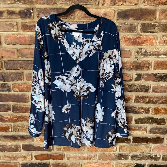 Junarose Navy Blue Floral Long Sleeve V-Neck Blouse Women's Plus Size 22 - Picture 1 of 7